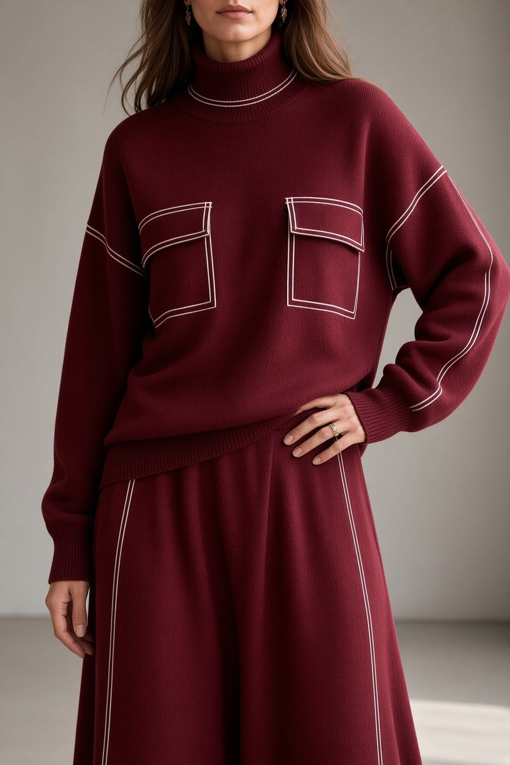Women's Knit Roll Neck Top and Flared Skirt Co-ord