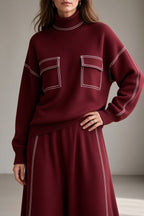Women's Knit Roll Neck Top and Flared Skirt Co-ord