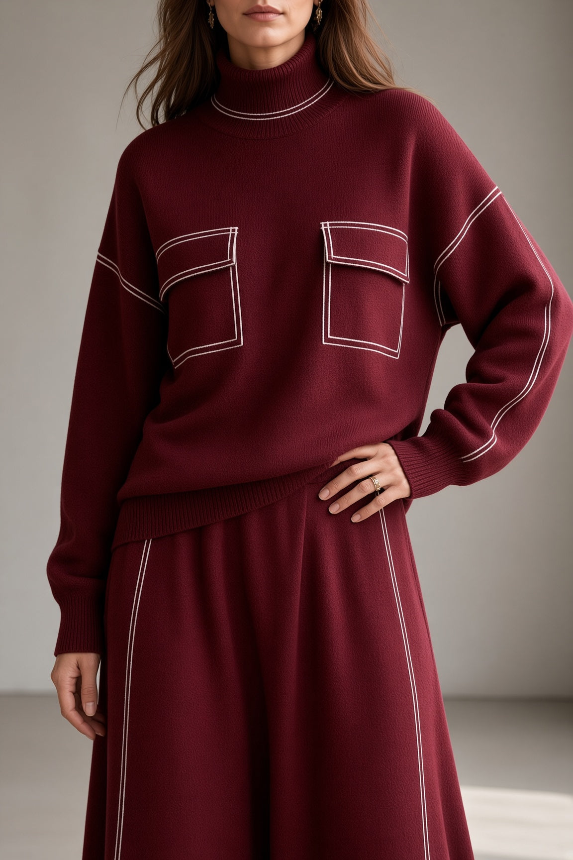 Women's Knit Roll Neck Top and Flared Skirt Co-ord