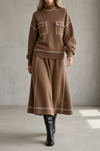 Women's Knit Roll Neck Top and Flared Skirt Co-ord - Brown