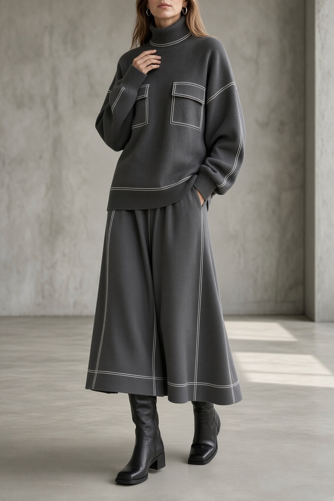 Women's Knit Roll Neck Top and Flared Skirt Co-ord