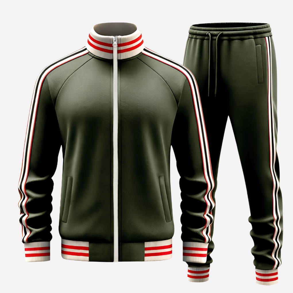 Men's Striped Zip Jacket and Joggers Tracksuit Set – Olive Green