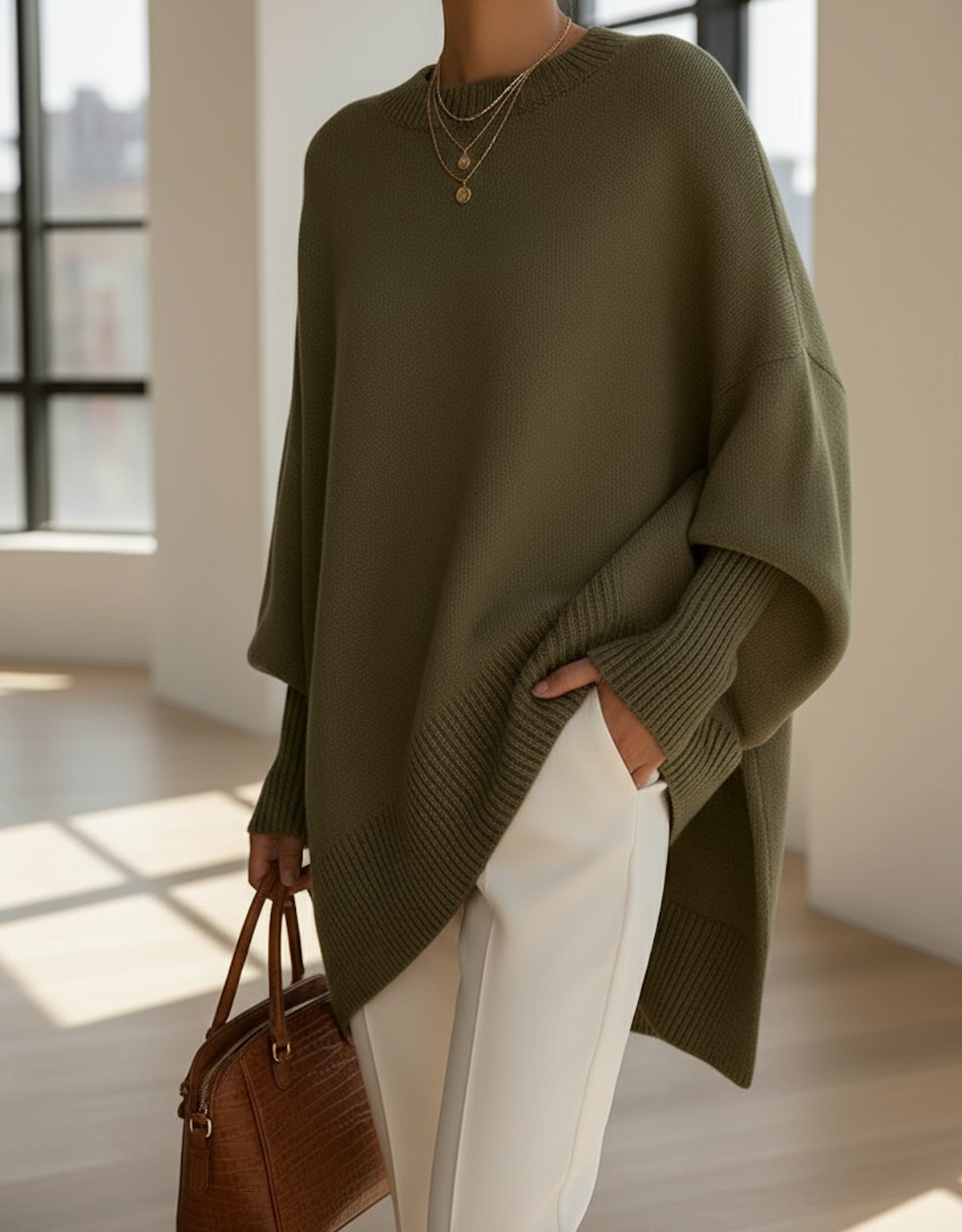 Women's Oversized Batwing Jumper with Asymmetric Hem – Army Green