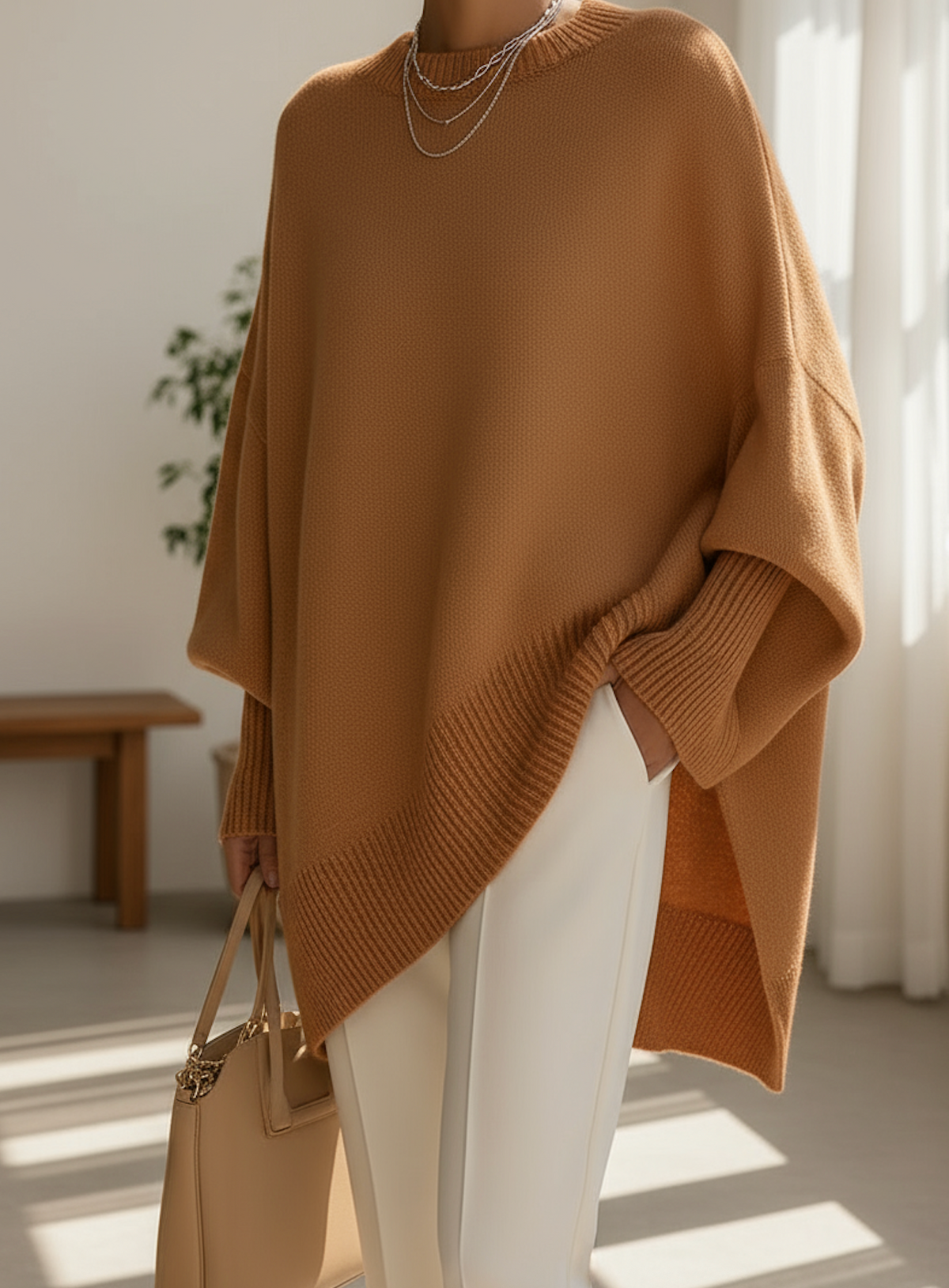 Women's Oversized Batwing Jumper with Asymmetric Hem – Caramel Brown