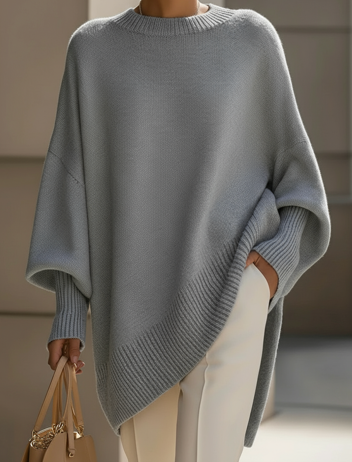 Women's Oversized Batwing Jumper with Asymmetric Hem – Grey
