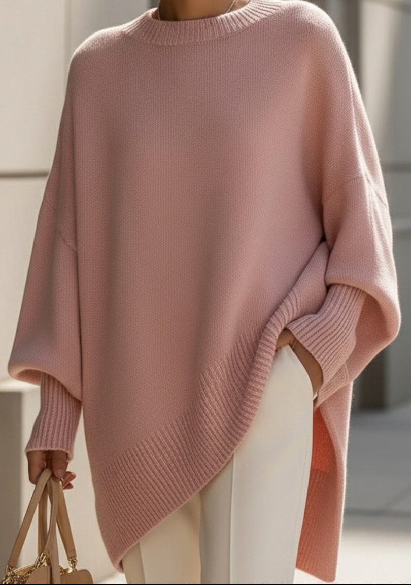 Women's Oversized Batwing Jumper with Asymmetric Hem – Pink