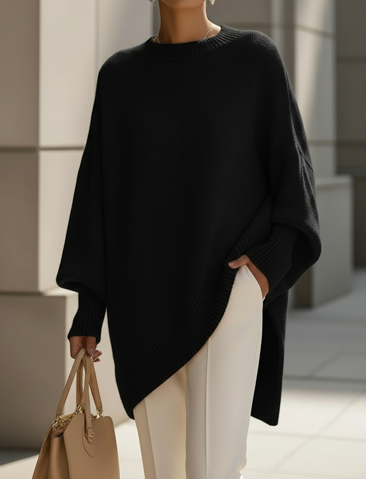 Women's Oversized Batwing Jumper with Asymmetric Hem – Black
