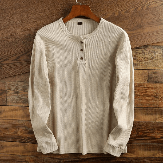 Men's Long Sleeve Textured Waffle Henley Top – Cream
