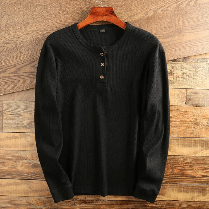 Men's Long Sleeve Textured Waffle Henley Top – Black