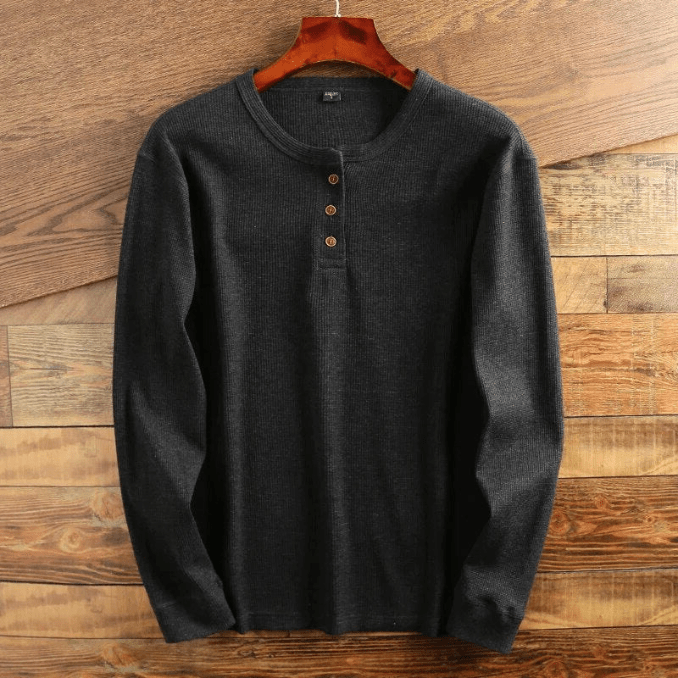 Men's Long Sleeve Textured Waffle Henley Top – Dark Grey