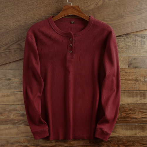 Men's Long Sleeve Textured Waffle Henley Top – Wine Red