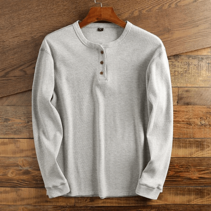 Men's Long Sleeve Textured Waffle Henley Top – Light Grey