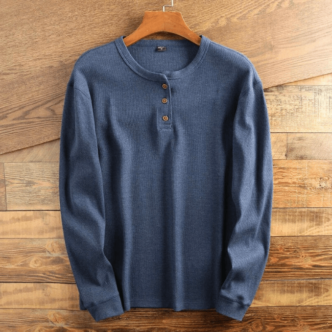 Men's Long Sleeve Textured Waffle Henley Top – Navy Blue