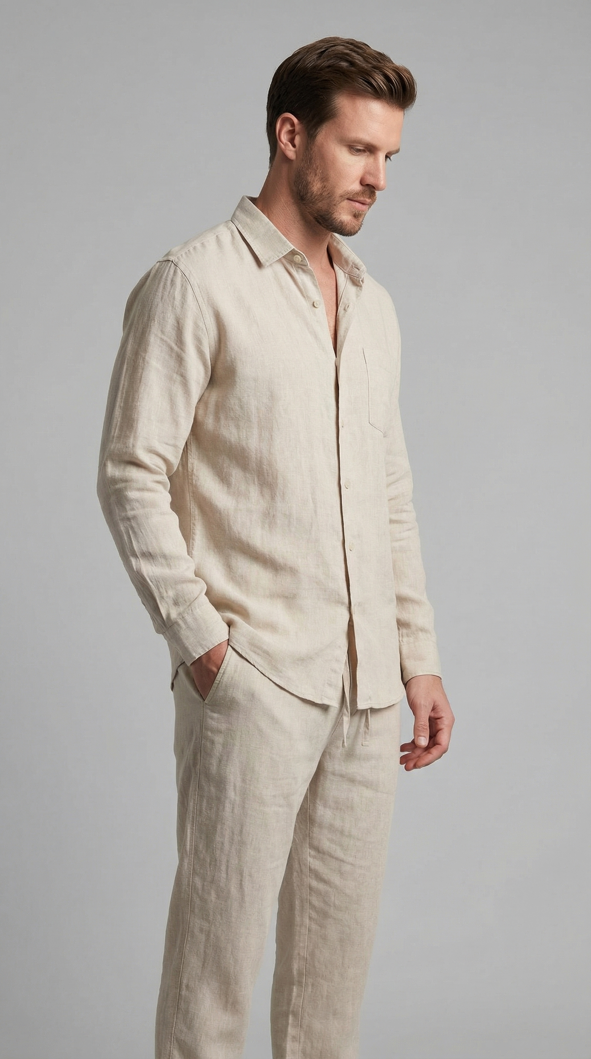 Men's Linen Shirt and Trousers Set with Adjustable Waistband – Beige