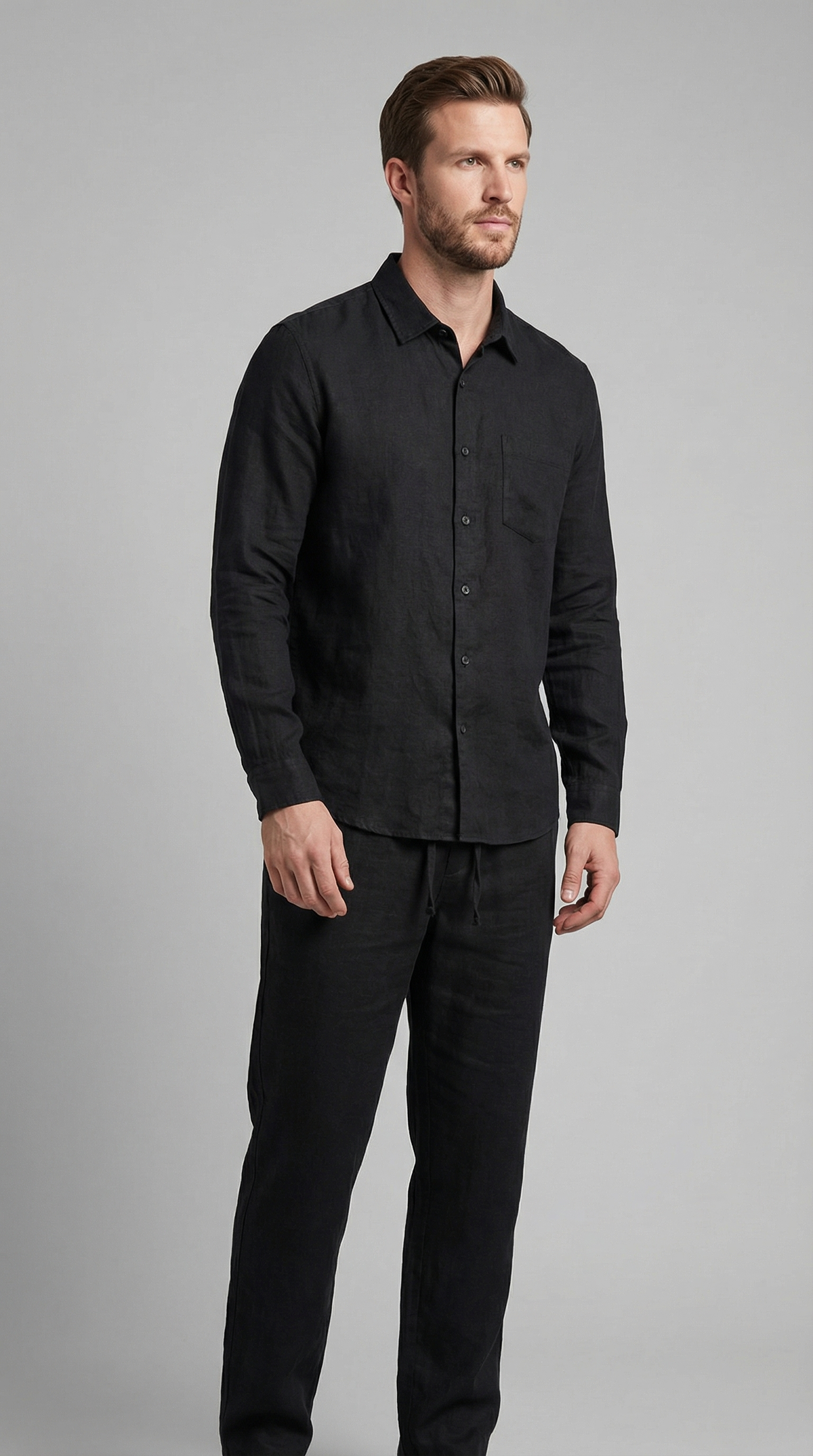 Men's Linen Shirt and Trousers Set with Adjustable Waistband – Black