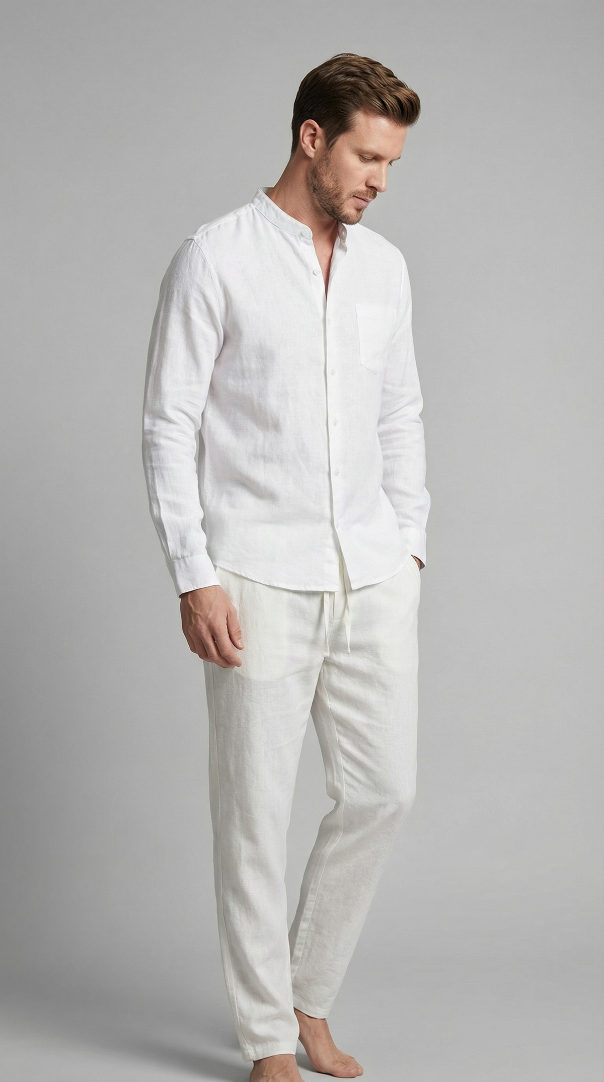 Men's Linen Shirt and Trousers Set with Adjustable Waistband – White