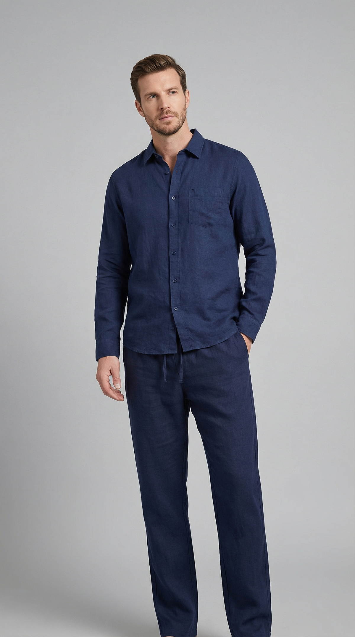 Men's Linen Shirt and Trousers Set with Adjustable Waistband – Dark Blue