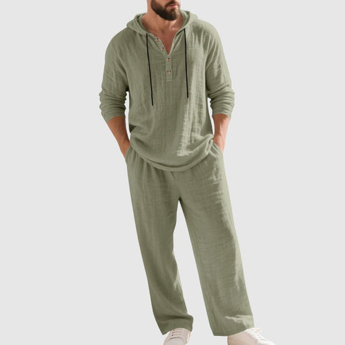 Men's Breathable Linen Henley Lounge Set with Hood – Sage Green