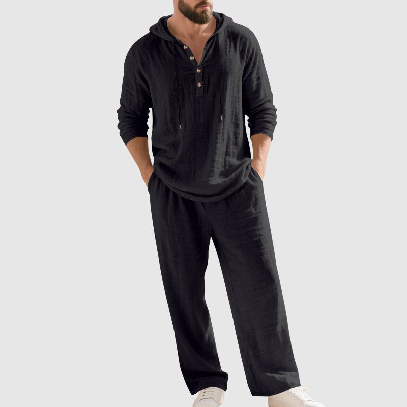 Men's Breathable Linen Henley Lounge Set with Hood – Black