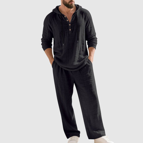 Men's Breathable Linen Henley Lounge Set with Hood – Black