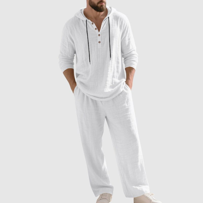 Men's Breathable Linen Henley Lounge Set with Hood – White
