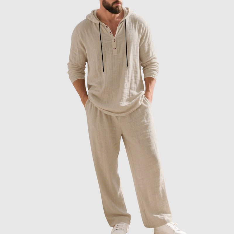Men's Breathable Linen Henley Lounge Set with Hood – Beige
