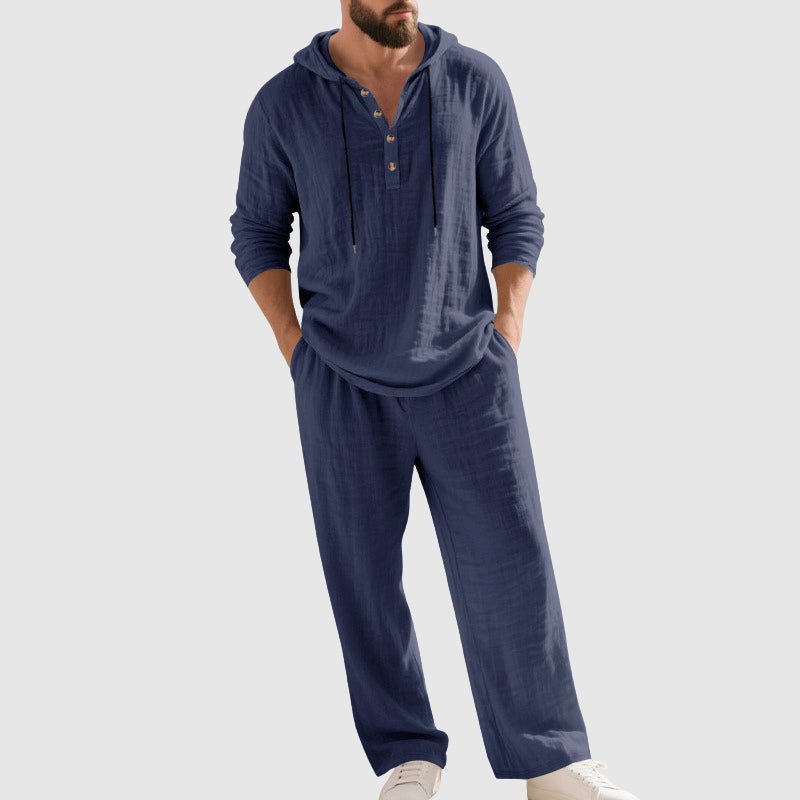 Men's Breathable Linen Henley Lounge Set with Hood – Dark Blue