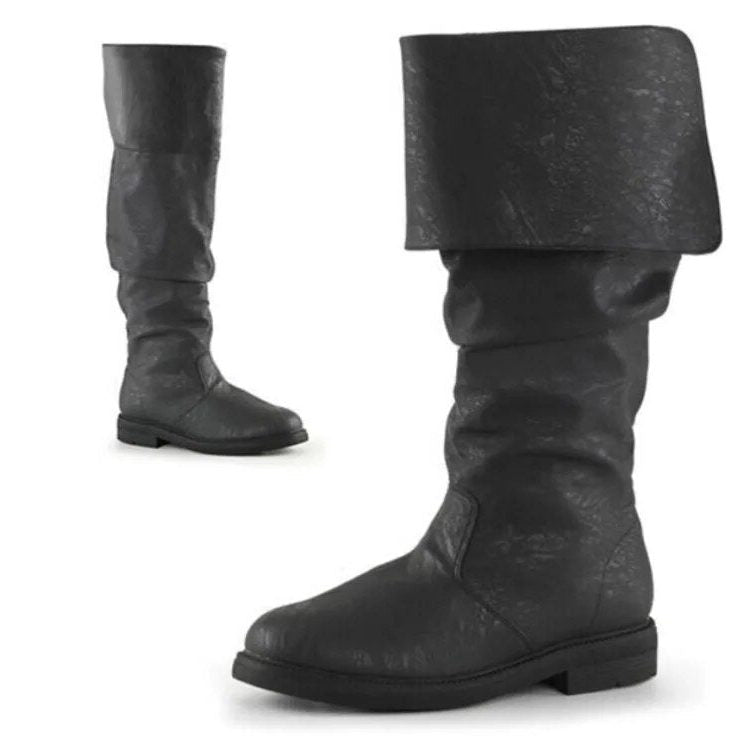 Men's Statement Tall Boots in Textured Leather with Wide Cuff - Black