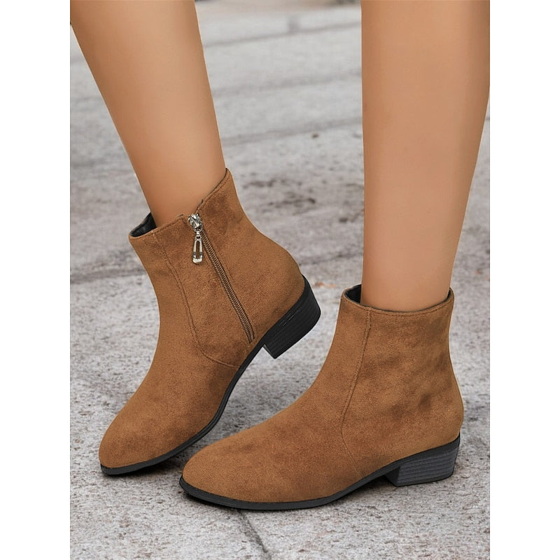 Women's Understated Side-Zip Ankle Boots with Gentle Block Heel - Brown