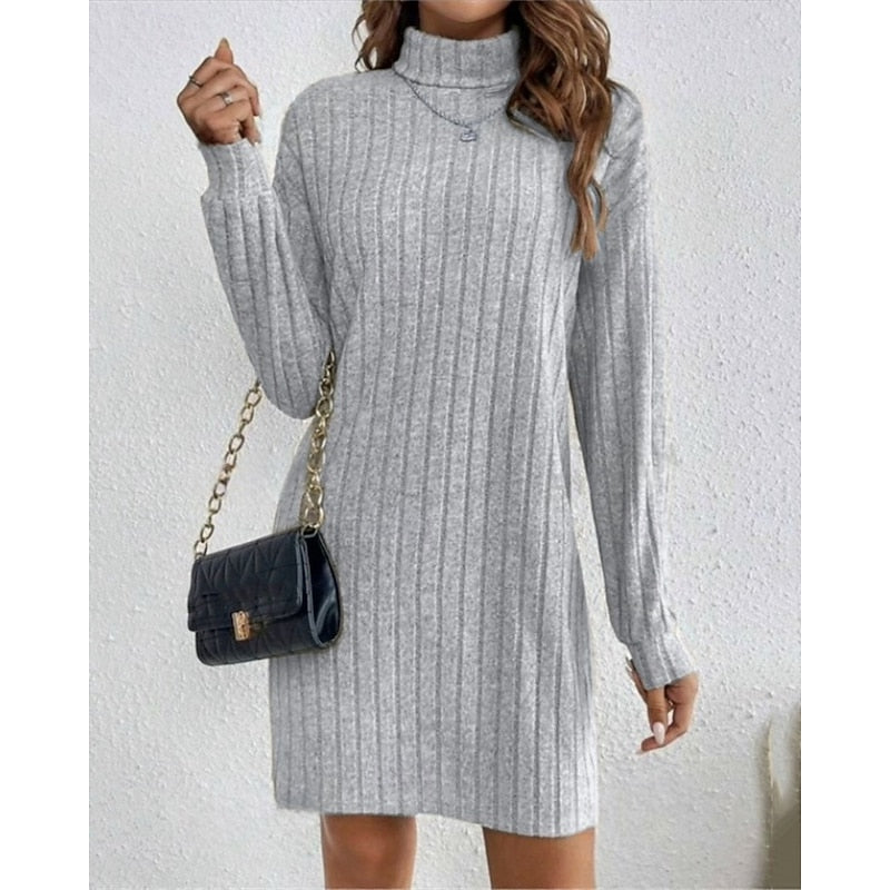Women's Rib Knit Turtleneck Jumper Dress - Light Grey