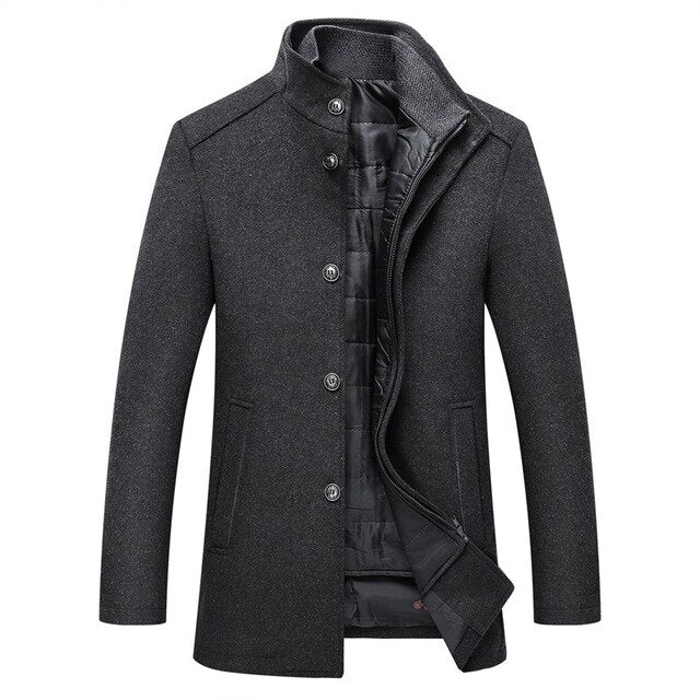 Men's Tailored Button-Front Winter Coat with Quilted Panel – Dark Grey