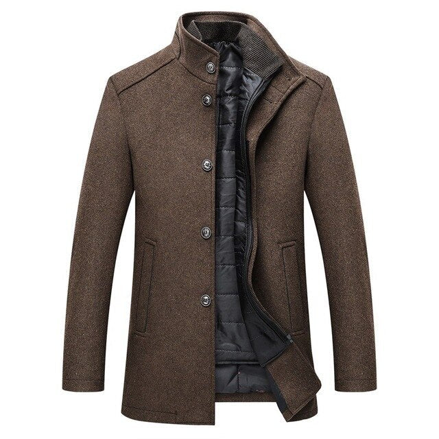 Men's Tailored Button-Front Winter Coat with Quilted Panel – Brown