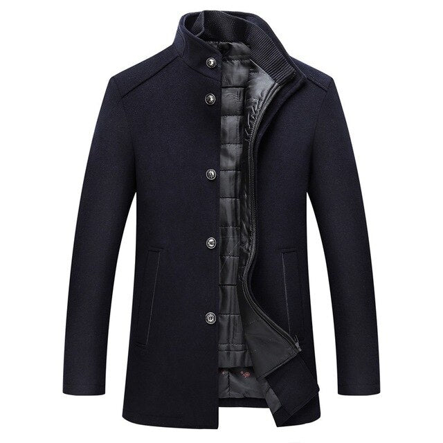 Men's Tailored Button-Front Winter Coat with Quilted Panel – Navy Blue