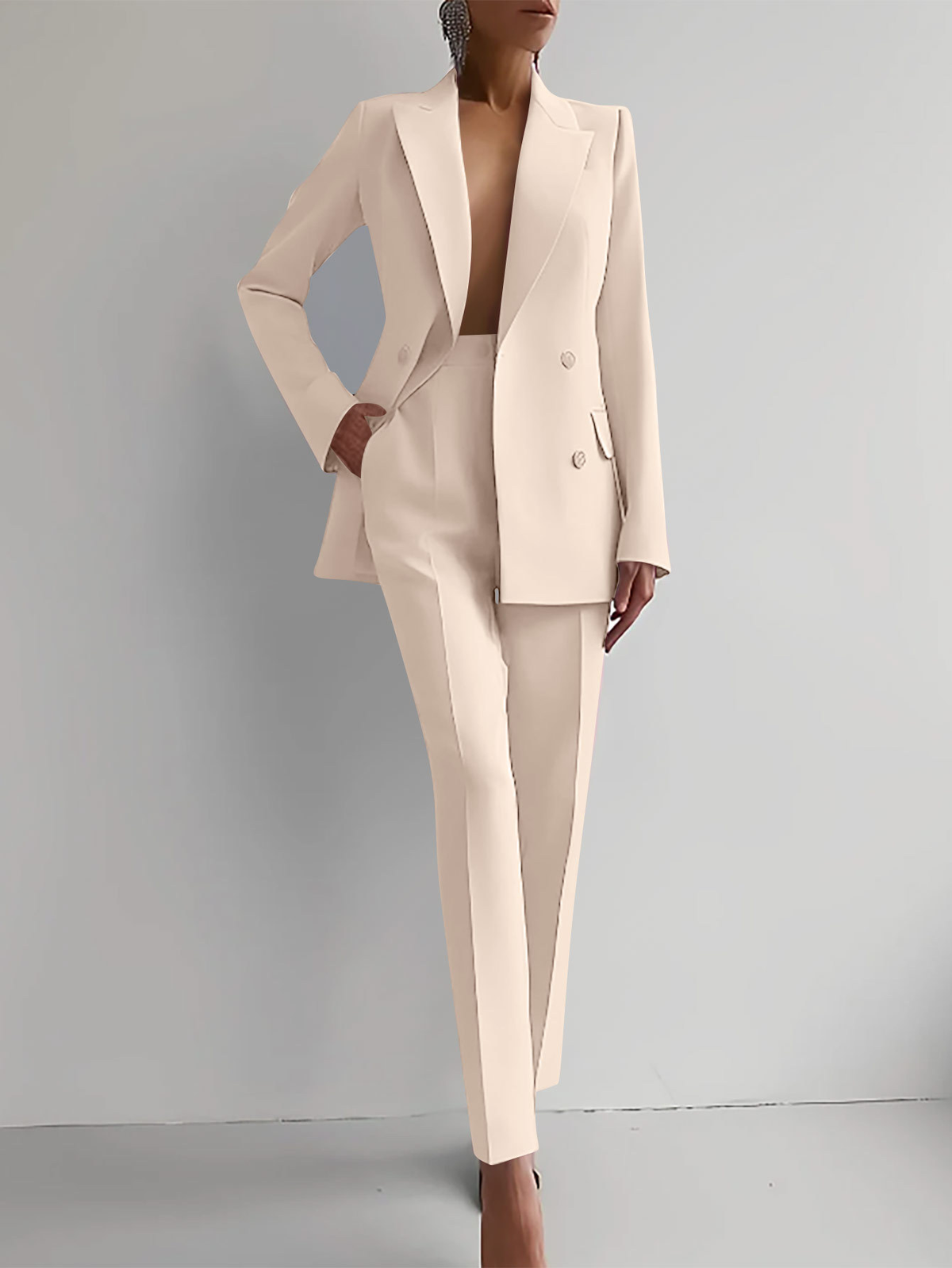 Women's Peaked Lapel Double-Breasted Blazer Trouser Suit – Off-White
