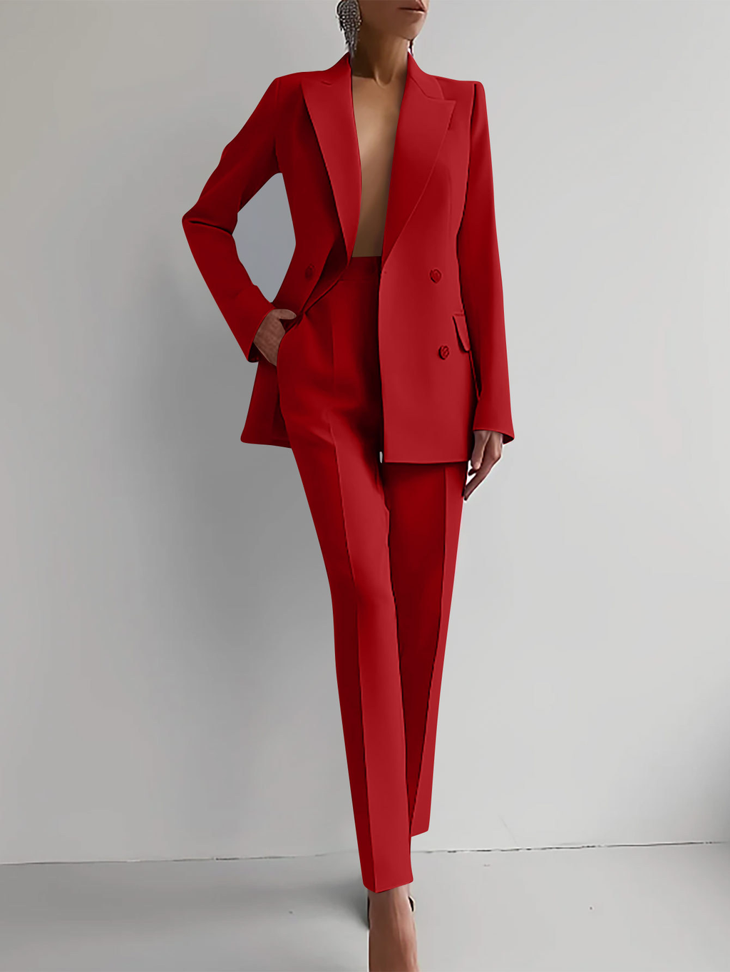 Women's Peaked Lapel Double-Breasted Blazer Trouser Suit – Red