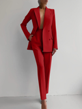 Women's Peaked Lapel Double-Breasted Blazer Trouser Suit – Red