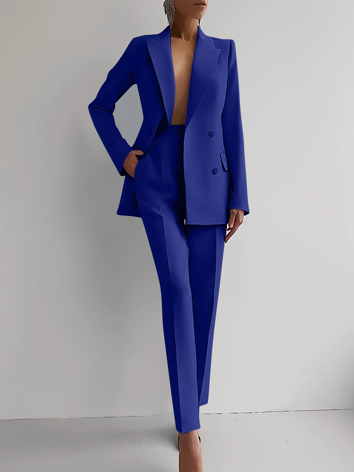 Women's Peaked Lapel Double-Breasted Blazer Trouser Suit – Blue