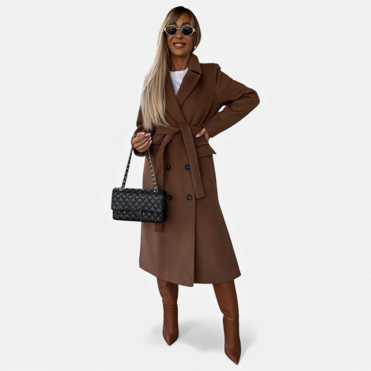 Women's Wool Blend Belted Overcoat Structured Lapel Collar – Coffee