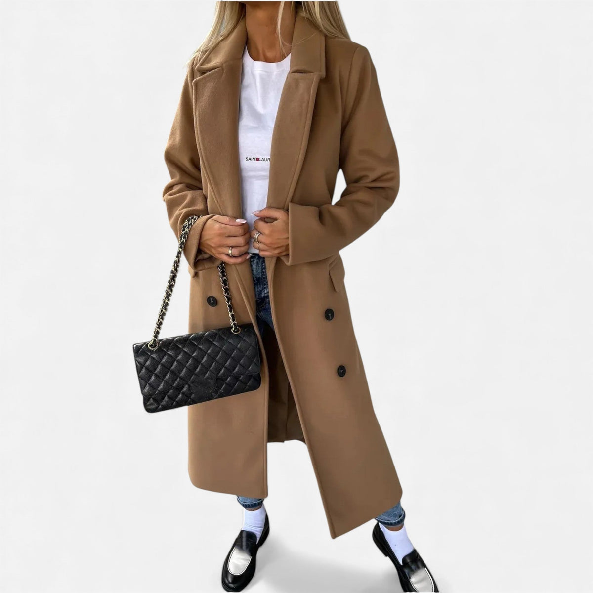 Women's Wool Blend Belted Overcoat Structured Lapel Collar – Khaki