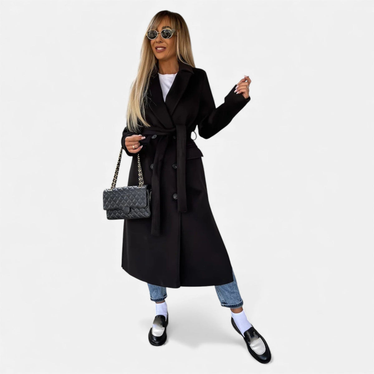 Women's Wool Blend Belted Overcoat Structured Lapel Collar – Black
