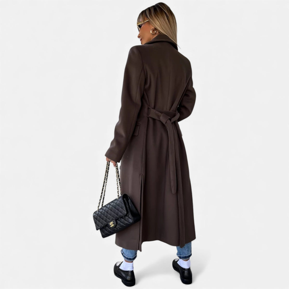Women's Wool Blend Belted Overcoat Structured Lapel Collar