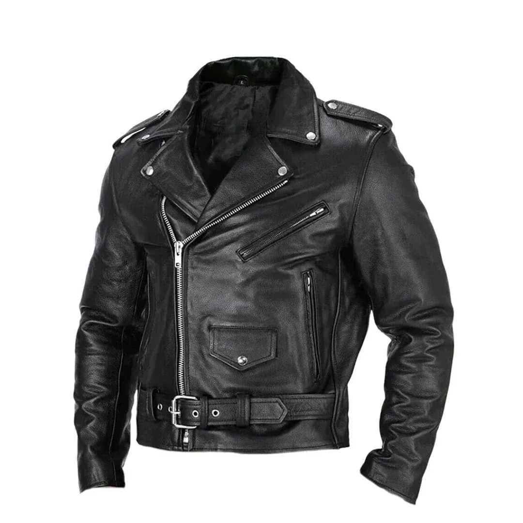 Men's Belted Motorcycle Jacket with Snap Lapels - Black