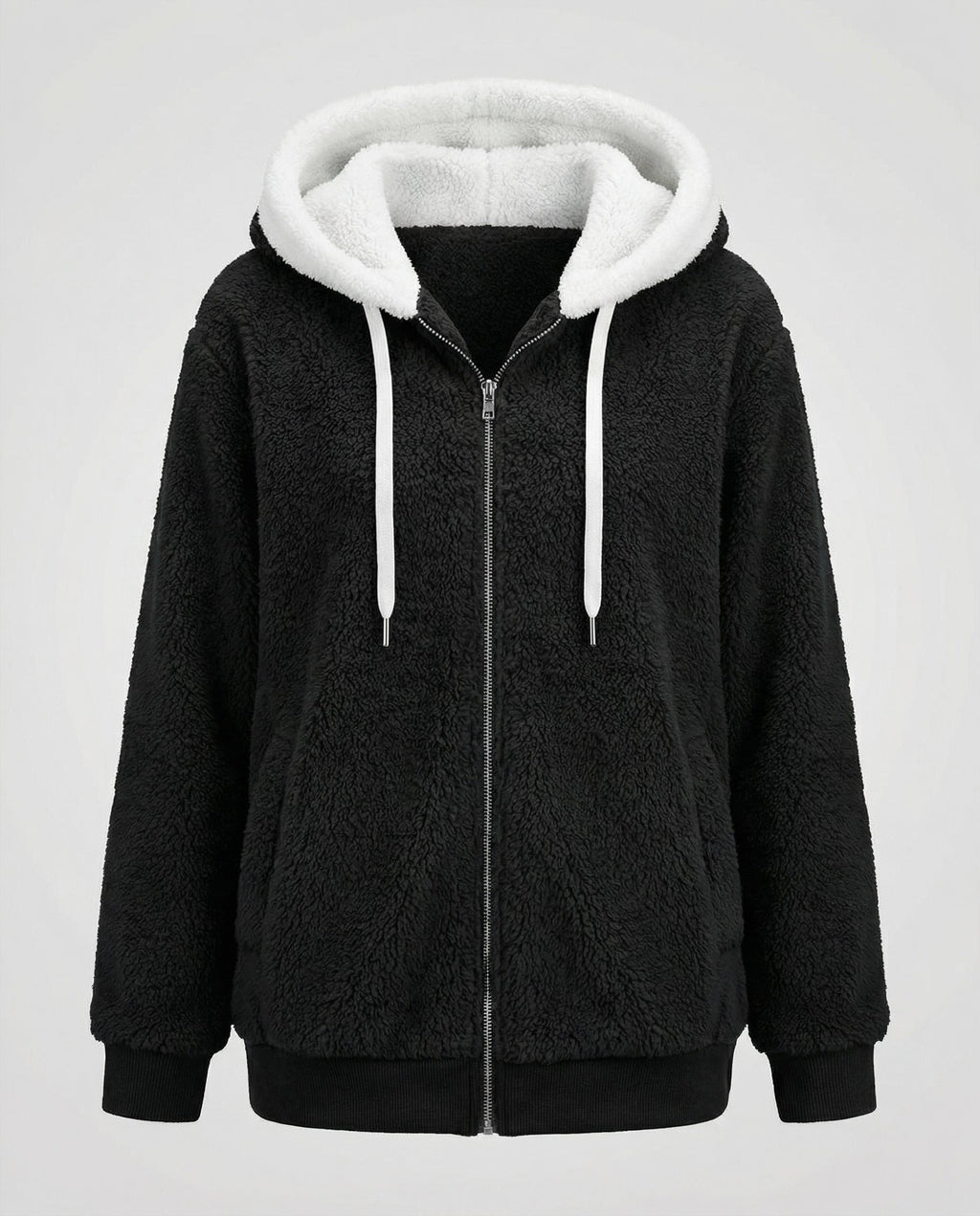 Women's Relaxed Full-Zip Fleece with Sherpa Hood and Ribbed Hem - Black