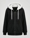 Women's Relaxed Full-Zip Fleece with Sherpa Hood and Ribbed Hem - Black