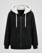 Women's Relaxed Full-Zip Fleece with Sherpa Hood and Ribbed Hem - Black