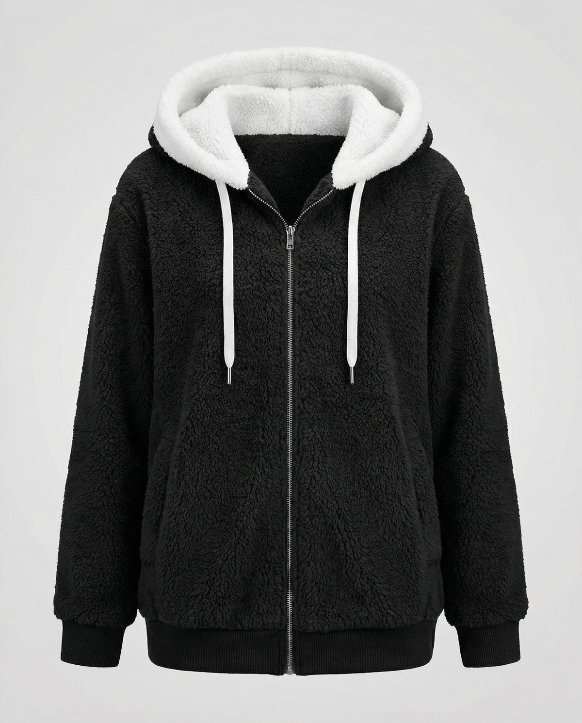 Women's Relaxed Full-Zip Fleece with Sherpa Hood and Ribbed Hem - Black