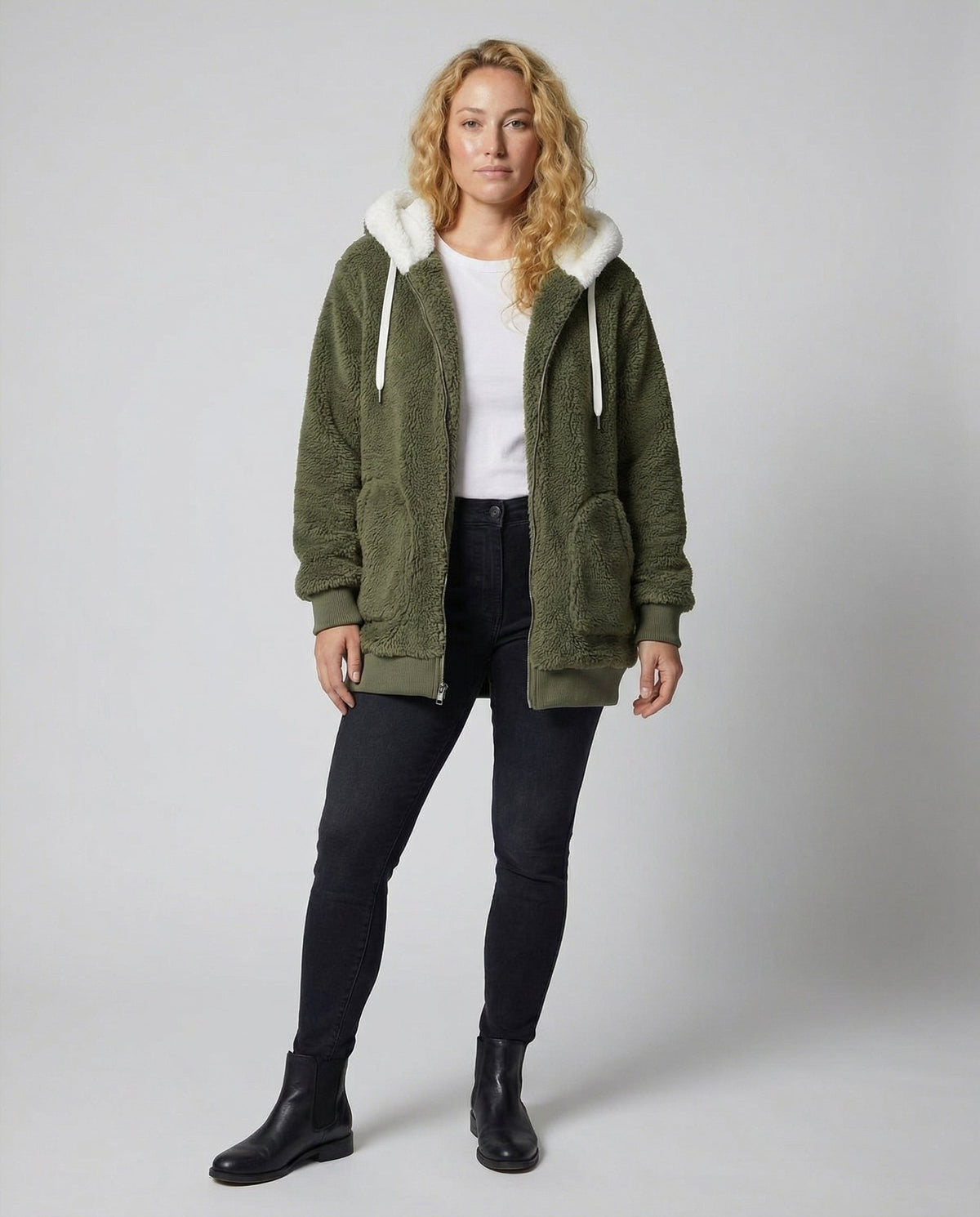 Women's Relaxed Full-Zip Fleece with Sherpa Hood and Ribbed Hem