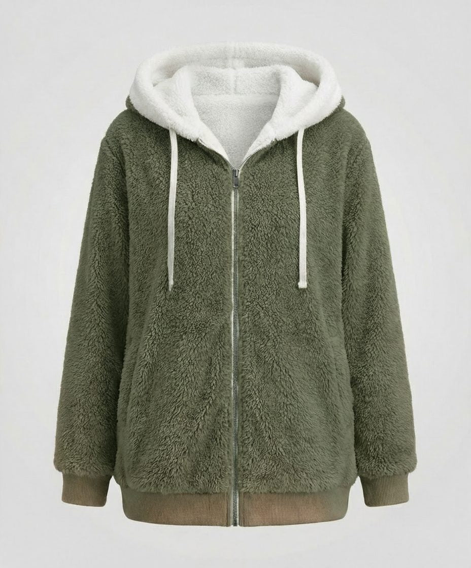 Women's Relaxed Full-Zip Fleece with Sherpa Hood and Ribbed Hem