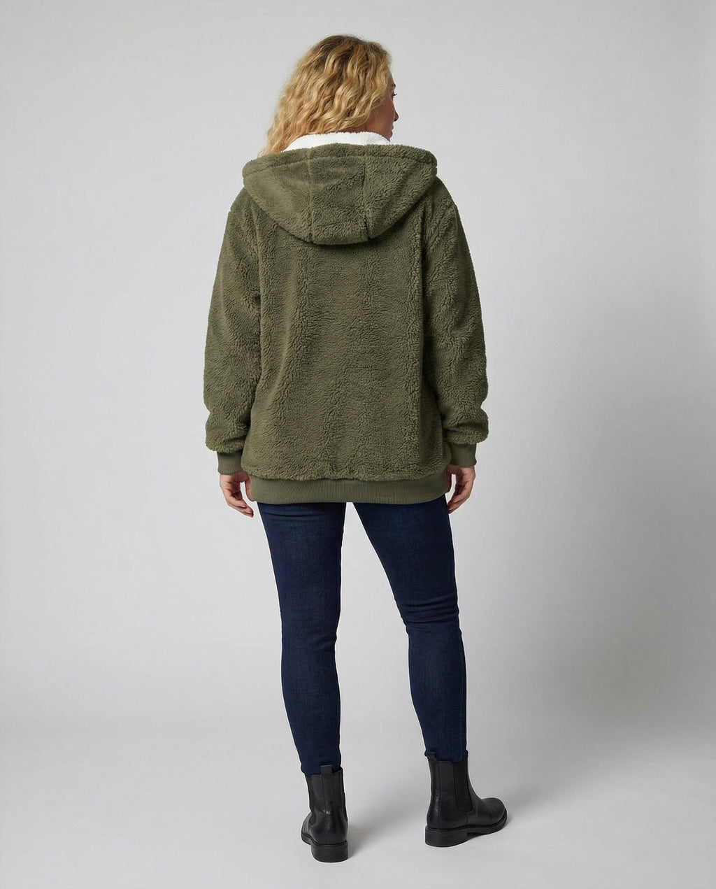 Women's Relaxed Full-Zip Fleece with Sherpa Hood and Ribbed Hem