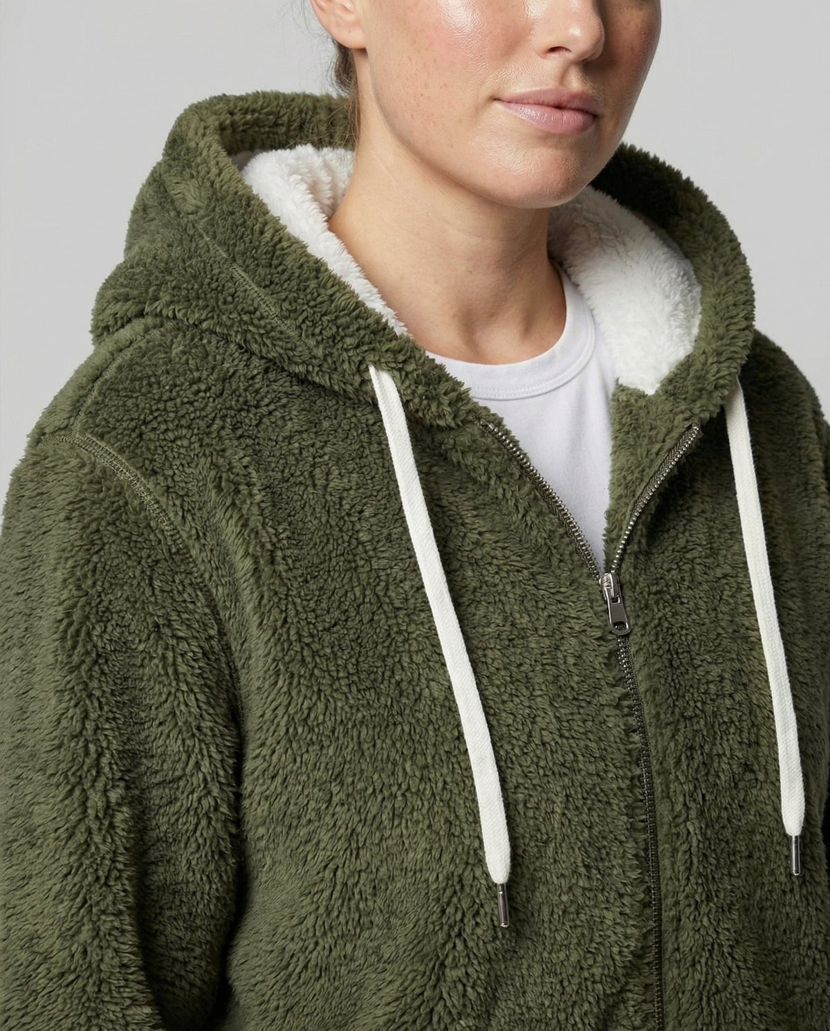 Women's Relaxed Full-Zip Fleece with Sherpa Hood and Ribbed Hem